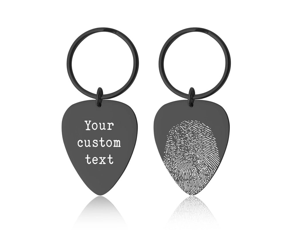 Atminimo pirštų atspaudų gitaros mediatoriaus raktų pakabukas, personalizuotas nykščio atspaudo raktų pakabukas, juodas atminimo dovanos raktų pakabukas, tėvo netekties sielvarto papuošalai, S-025