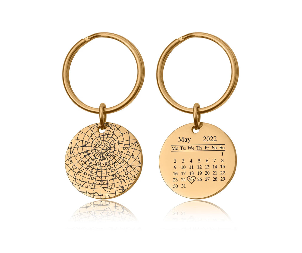 Personalizuotas žvaigždžių žemėlapis pagal datą raktų pakabukas, graviruotas kalendoriaus naktinio dangaus raktų pakabukas, individualizuotas žvaigždžių žemėlapio jubiliejaus gimtadienio dovana jai, S-085