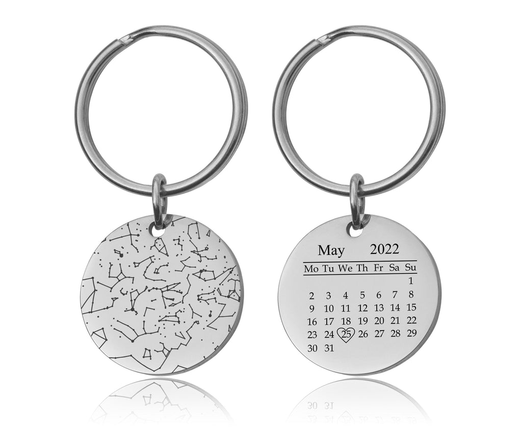 Personalizuotas žvaigždžių žemėlapis pagal datą raktų pakabukas, graviruotas kalendoriaus naktinio dangaus raktų pakabukas, individualizuotas žvaigždžių žemėlapio jubiliejaus gimtadienio dovana jai, S-085