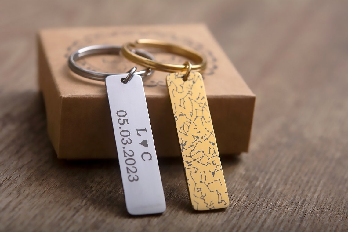 Individualizuotas žvaigždėlapis pagal datos raktų pakabuką, graviruotas raktų pakabukas, personalizuota jubiliejaus gimtadienio dovana moterims ar vyrams, vaikinui ar merginai, S-057