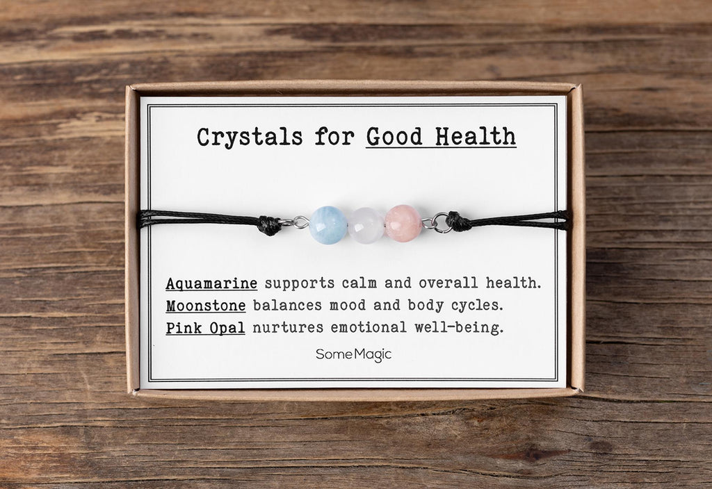 Gera sveikata – natūralaus brangakmenio reguliuojamo virvelės apyrankė, mineralų kristalų papuošalai su prasminga kortele, gerovės ir gyvybingumo apyrankė, S-237