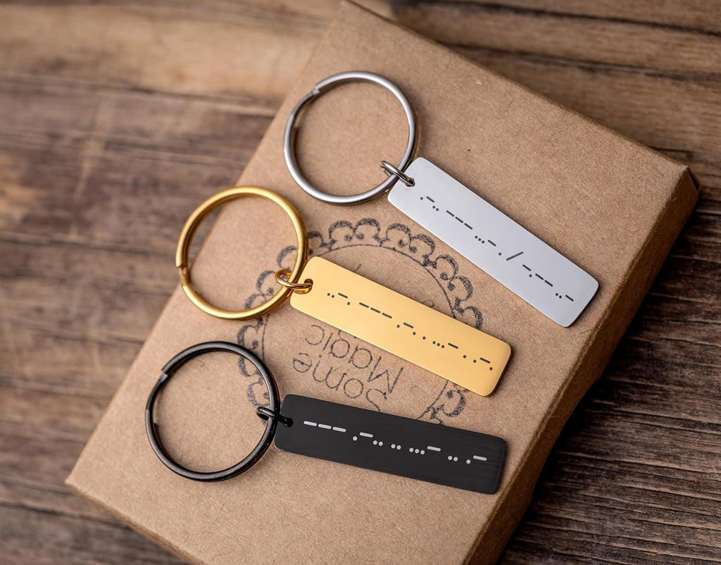 Morsės abėcėlės raktų pakabukas, slaptos žinutės raktų pakabukas, personalizuota dovana jai arba jam, dovana vaikinui arba merginai, individualizuoti plieniniai papuošalai, S-063