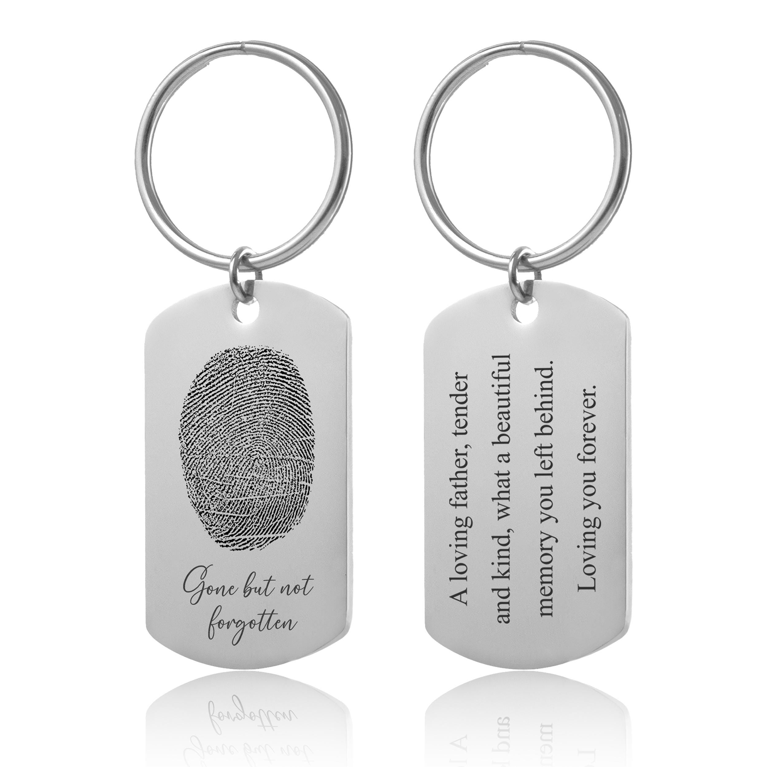 Tėčio pirštų antspaudų raktų pakabukas su ranka rašytu tekstu, netekusio tėvo atminimo dovanėlė, personalizuota užuojautos dovana sūnui, individualizuotas raktų pakabukas, S-048