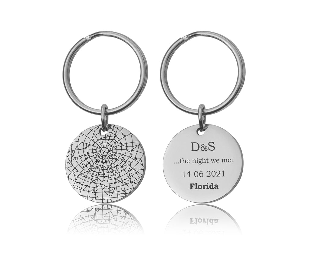 Unikalus žvaigždėlapių raktų pakabukas pagal datą, graviruotas naktinio dangaus raktų pakabukas, personalizuotas žvaigždžių žemėlapis, jubiliejaus, gimtadienio dovana jam ar jai, S-016