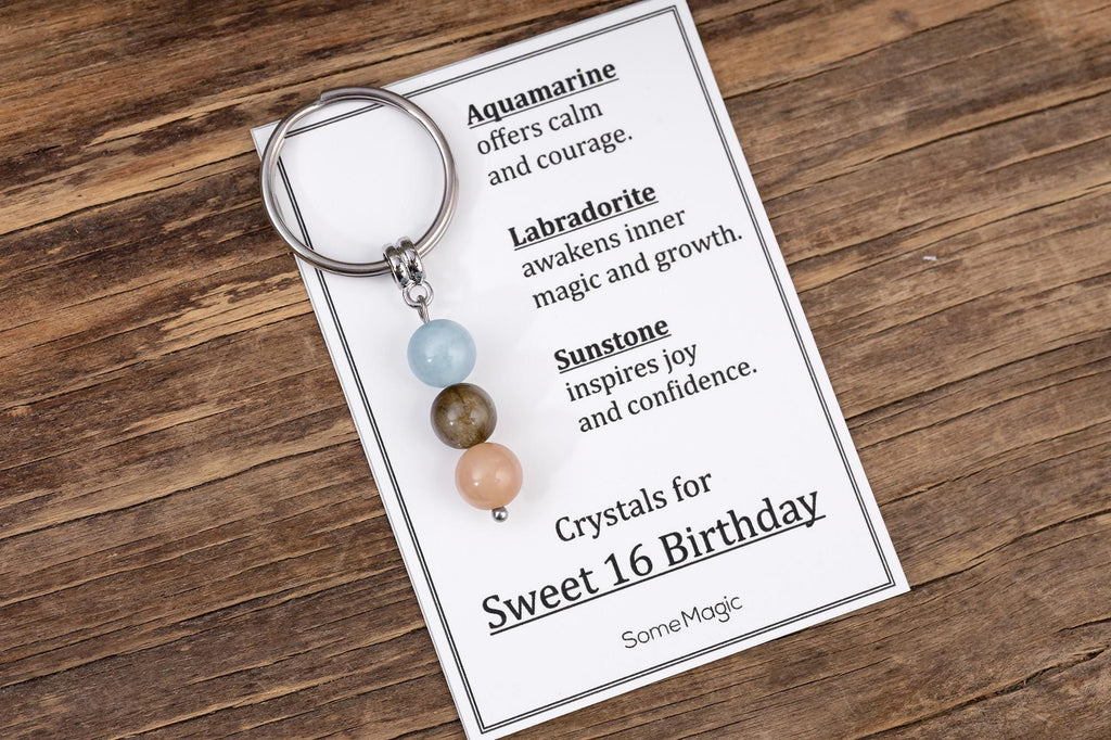 16-ojo gimtadienio kristalų rinkinio raktų pakabukas – originalaus brangakmenio raktų pakabukas su tikruoju akvamarinu, labradoritu, saulės akmeniu, reikšmių kortele, S-234