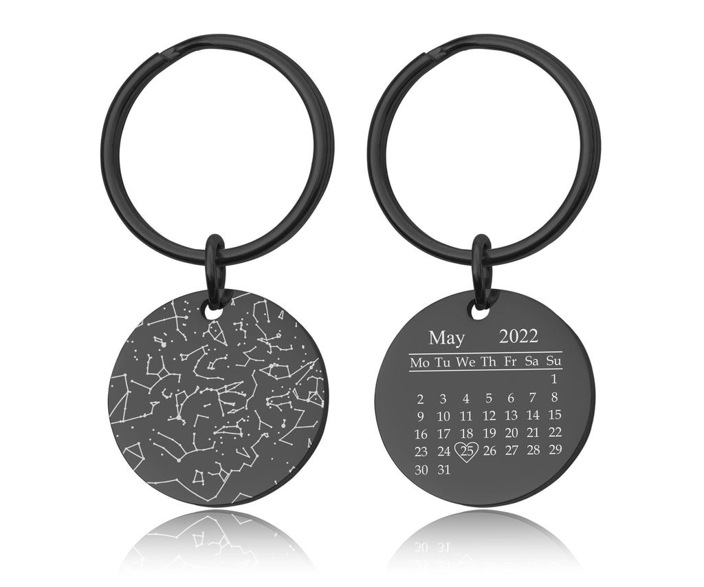 Personalizuotas žvaigždžių žemėlapis pagal datą raktų pakabukas, graviruotas kalendoriaus naktinio dangaus raktų pakabukas, individualizuotas žvaigždžių žemėlapio jubiliejaus gimtadienio dovana jai, S-085