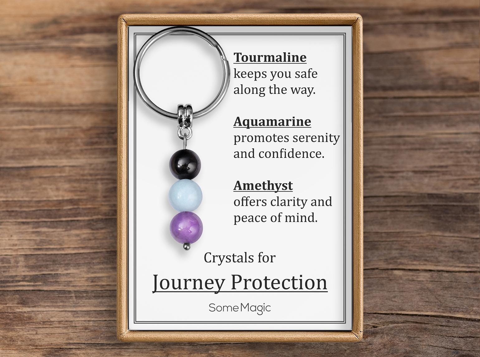 Kelionės Apsaugos Brangakmenių Raktų Pakabukas – Tikras Kristalų Raktų Pakabukas su Turmalinu, Akvamarinu ir Ametistu, Dovanų Dėžutė ir Reikšmių Kortelė, S-234